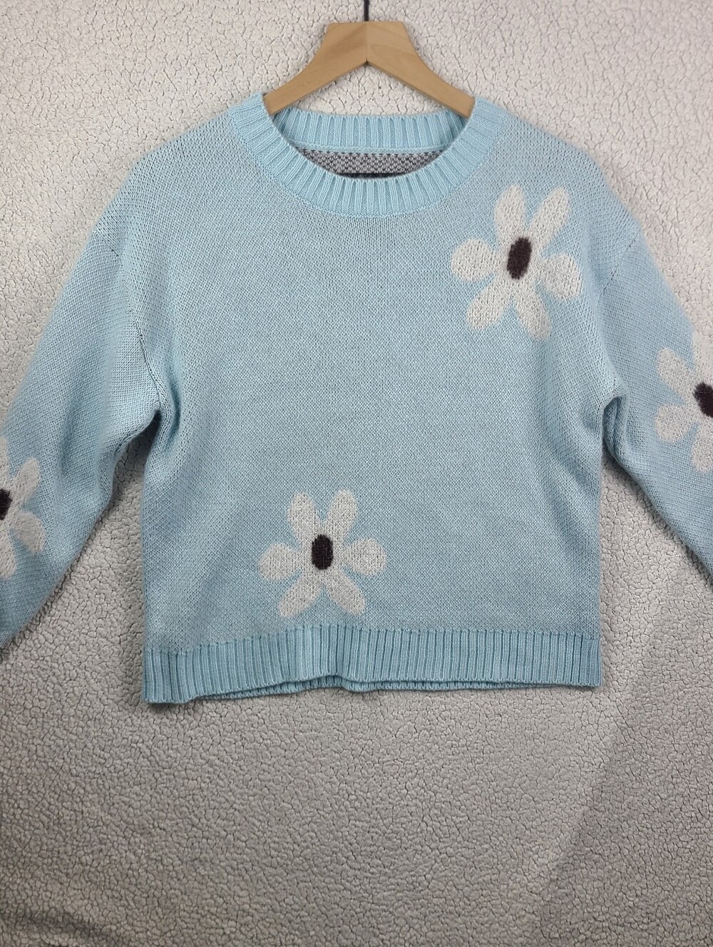 Blue Daisy Flower Knit Sweater Soft Cozy Oversized Floral Pullover
